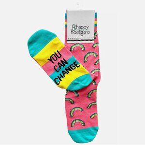 NWT! NEW! 3 HAPPY HOOLIGANS YOU CAN CHANGE THE WORLD GIRL RAINBOWS WOMENS SOCKS
